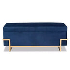 Parker Banc de rangement ottoman en velours et métal bleu/doré – Baxton Studio : Banc rectangulaire avec motif nœud
