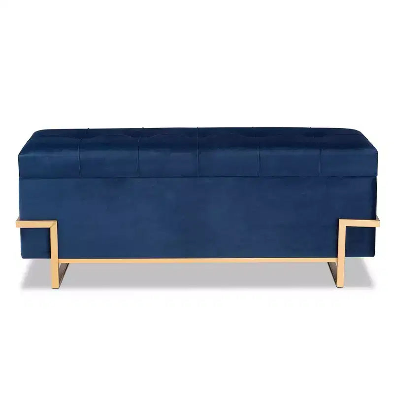 Parker Banc de rangement ottoman en velours et métal bleu/doré – Baxton Studio : Banc rectangulaire avec motif nœud