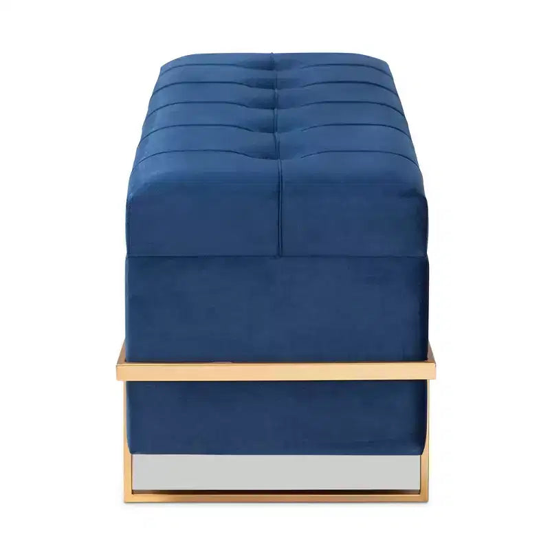Parker Banc de rangement ottoman en velours et métal bleu/doré – Baxton Studio : Banc rectangulaire avec motif nœud