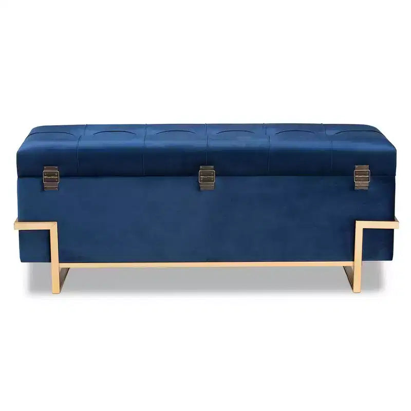 Parker Banc de rangement ottoman en velours et métal bleu/doré – Baxton Studio : Banc rectangulaire avec motif nœud