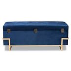 Parker Banc de rangement ottoman en velours et métal bleu/doré – Baxton Studio : Banc rectangulaire avec motif nœud
