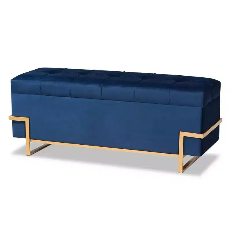 Parker Banc de rangement ottoman en velours et métal bleu/doré – Baxton Studio : Banc rectangulaire avec motif nœud