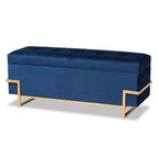 Parker Banc de rangement ottoman en velours et métal bleu/doré – Baxton Studio : Banc rectangulaire avec motif nœud