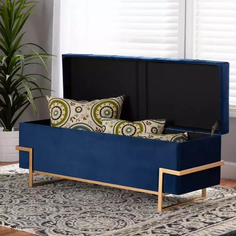 Parker Banc de rangement ottoman en velours et métal bleu/doré – Baxton Studio : Banc rectangulaire avec motif nœud