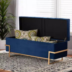 Parker Banc de rangement ottoman en velours et métal bleu/doré – Baxton Studio : Banc rectangulaire avec motif nœud