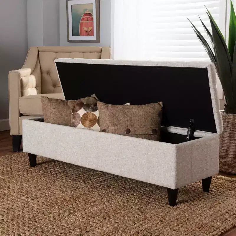 Banc de rangement en bois fini rembourré en tissu Brette, ottoman crème - Baxton Studio : Milieu du siècle moderne, capitonné, couvercle relevable.