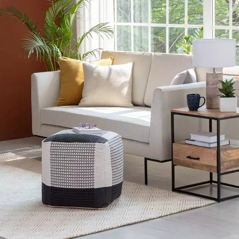 Carrapateira Pouf Black/Ivory - Anji Mountain: Modern Handmade Abstract Upholstered Ottoman, Textured Cotton, 21" Square