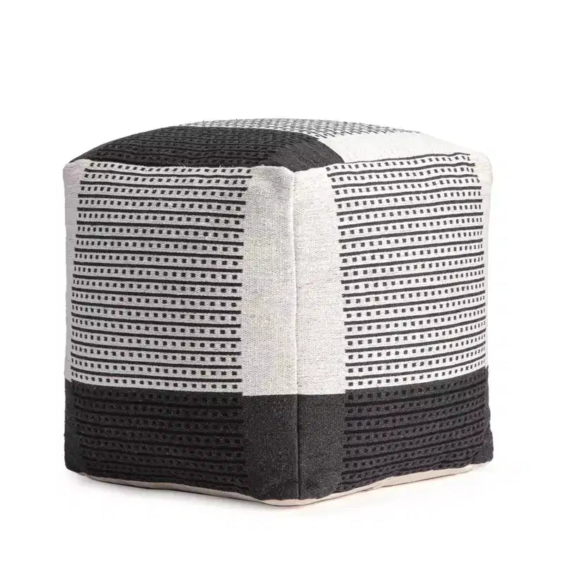 Pouf Carrapateira Noir/Ivoire - Anji Mountain : Ottoman moderne abstrait tapissé fait main, Coton texturé, 53 cm Carré