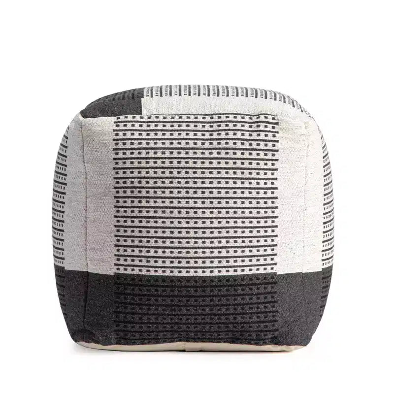 Pouf Carrapateira Noir/Ivoire - Anji Mountain : Ottoman moderne abstrait tapissé fait main, Coton texturé, 53 cm Carré