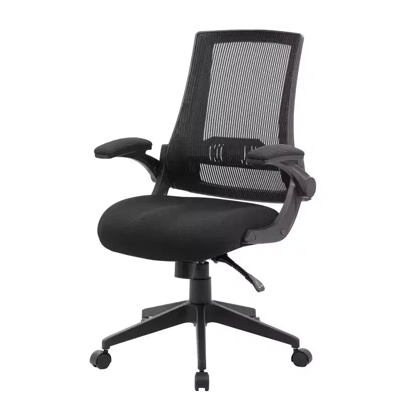 Chaise de bureau Boss en maille noire avec accoudoirs rabattables : conception ergonomique, base en nylon, rembourrage en mousse, capacité de 125 kg