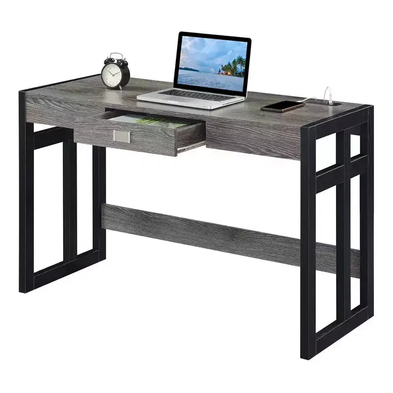 Bureau Monterey 47" avec station de charge gris/noir patiné - Breighton Home : poste de travail avec étagère de rangement