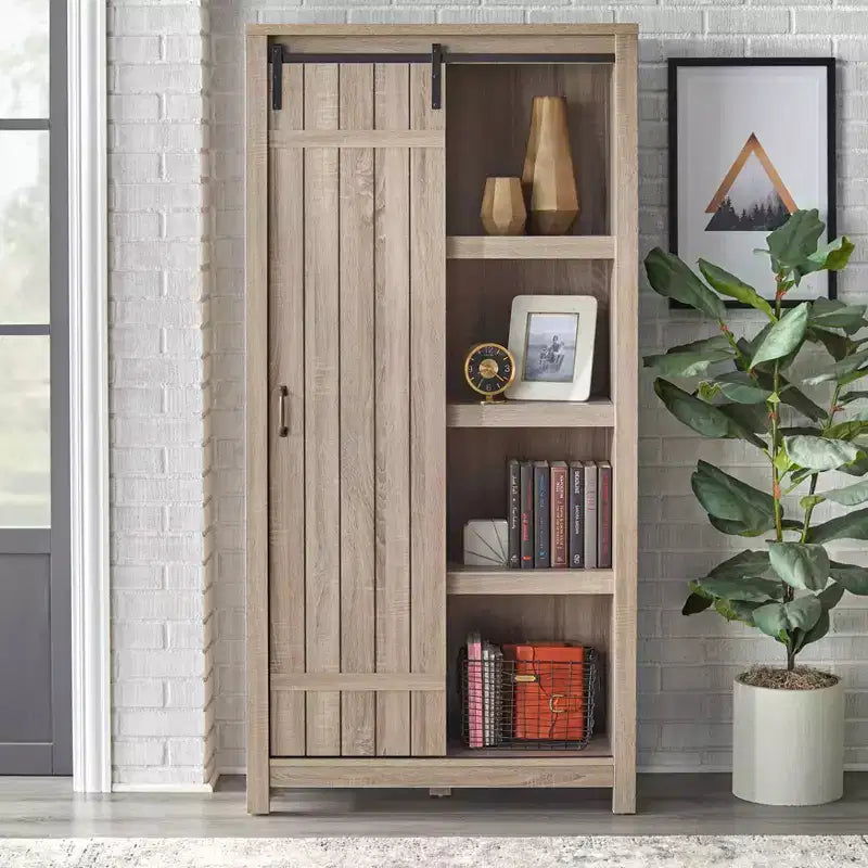 Bibliothèque Buylateral Glasbern 71 po de haut de style rustique avec porte de grange, gris patiné