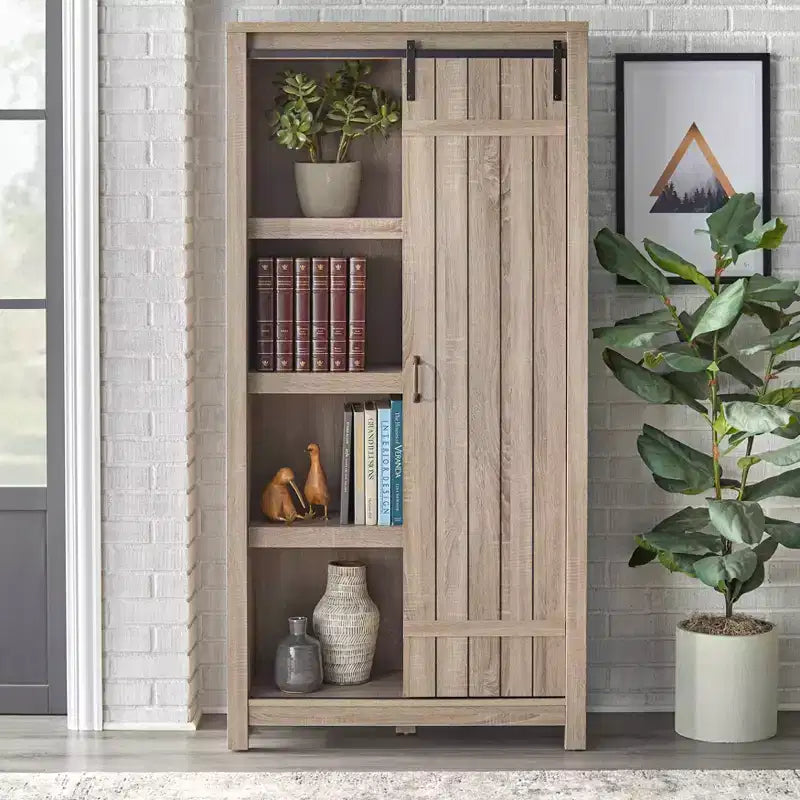 Bibliothèque Buylateral Glasbern 71 po de haut de style rustique avec porte de grange, gris patiné