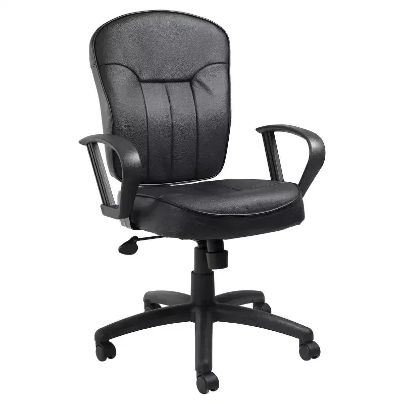 Leather Task Chair with Loop Arms Black - Boss Office Products: Swivel, Upholstered, Nylon Base, 275 lb Capacity