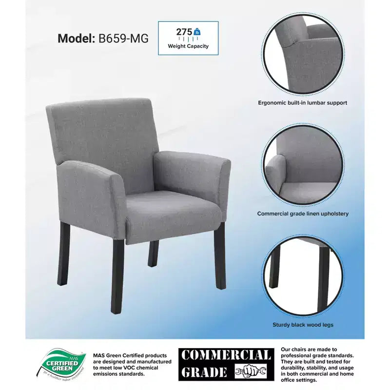 Fauteuil visiteur en lin gris avec accoudoirs - Boss Office Products : Ergonomique, qualité commerciale, pieds en bois noir, capacité de 125 kg