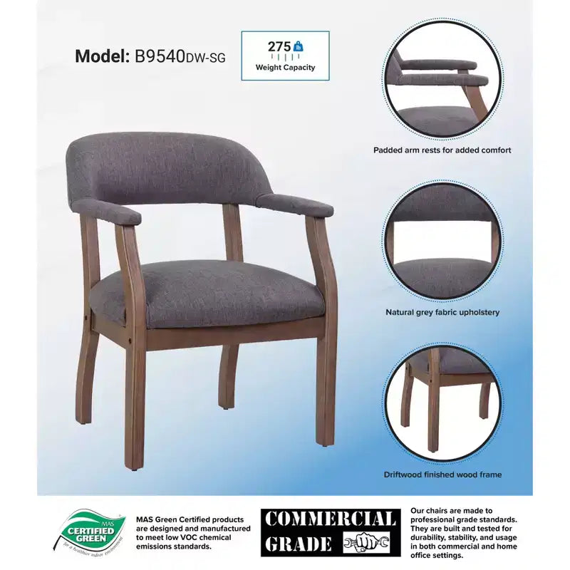 Boss Office Products Fauteuil de capitaine moderne gris ardoise : Chaise de bureau rembourrée, Cadre en bois, Garniture cloutée