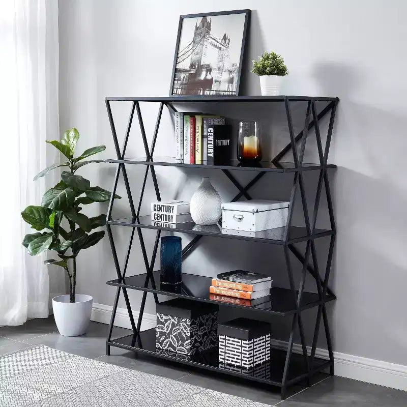 Étagère de présentation en métal noir Werrin 5 tablettes de 57,5 po – miBasics : Verre trempé, style moderne, dos ouvert