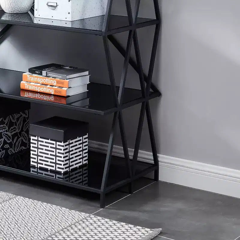 Étagère de présentation en métal noir Werrin 5 tablettes de 57,5 po – miBasics : Verre trempé, style moderne, dos ouvert
