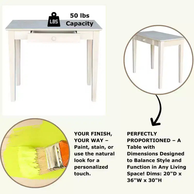Table à écrire en bois massif non fini – International Concepts : 76,2 cm H, bois dur, design étroit, 91,4 cm de largeur, peu encombrant