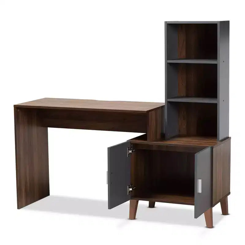 Baxton Studio Jaeger Bureau bicolore bois marron/gris foncé : Mobilier de bureau à domicile avec étagère de rangement ouverte