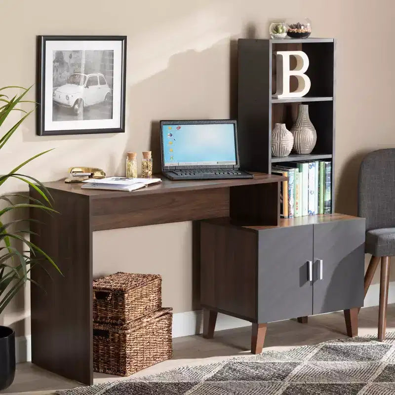 Baxton Studio Jaeger Bureau bicolore bois marron/gris foncé : Mobilier de bureau à domicile avec étagère de rangement ouverte