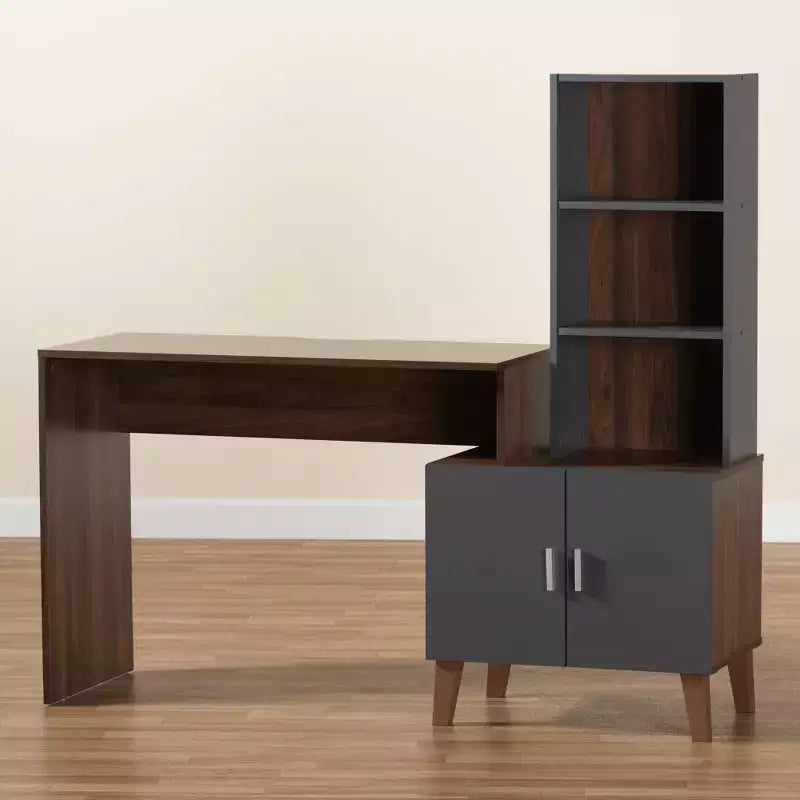 Baxton Studio Jaeger Bureau bicolore bois marron/gris foncé : Mobilier de bureau à domicile avec étagère de rangement ouverte