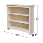 Bibliothèque Shaker 36 po x 38 po non finie - International Concepts : Bois d'hévéa, 3 étagères fixes, dos fermé