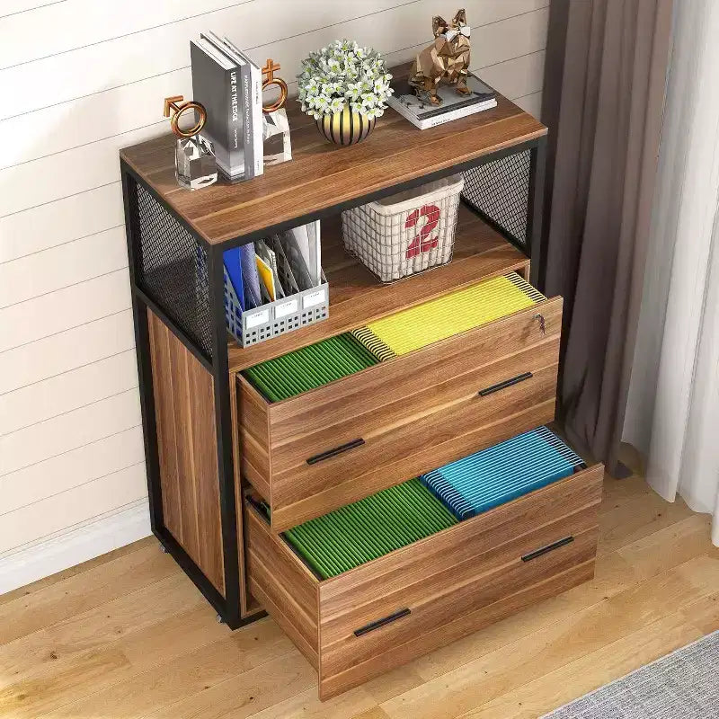 Meuble de classement LITTLE TREE à 2 tiroirs avec serrure et étagère ouverte Marron
