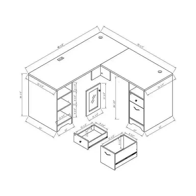 Bureau d'angle Ghally avec tiroir verrouillable et ports USB, chêne blanc - miBasics : Équipé de rangement pour dossiers, finition mate