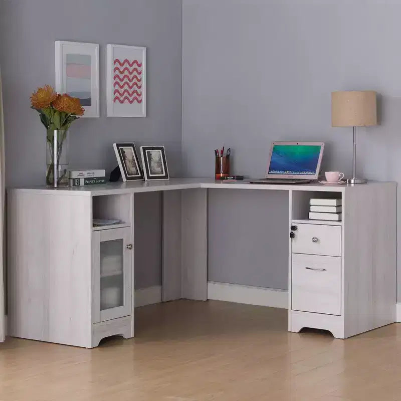 Bureau d'angle Ghally avec tiroir verrouillable et ports USB, chêne blanc - miBasics : Équipé de rangement pour dossiers, finition mate