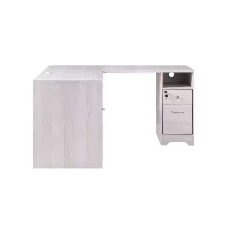 Bureau d'angle Ghally avec tiroir verrouillable et ports USB, chêne blanc - miBasics : Équipé de rangement pour dossiers, finition mate