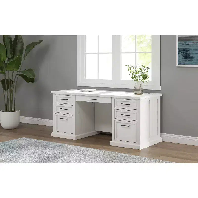 Bureau double piédestal en bois moderne entièrement assemblé finition blanche - Collection Abby - Martin Furniture : Bureau de direction, Gestion des câbles