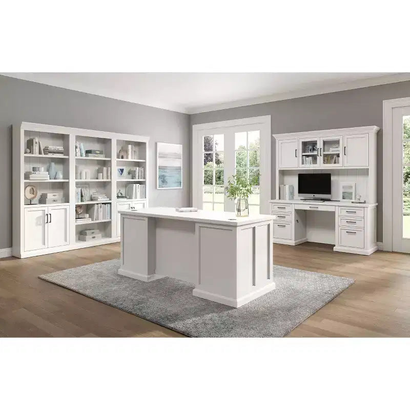 Bureau double piédestal en bois moderne entièrement assemblé finition blanche - Collection Abby - Martin Furniture : Bureau de direction, Gestion des câbles