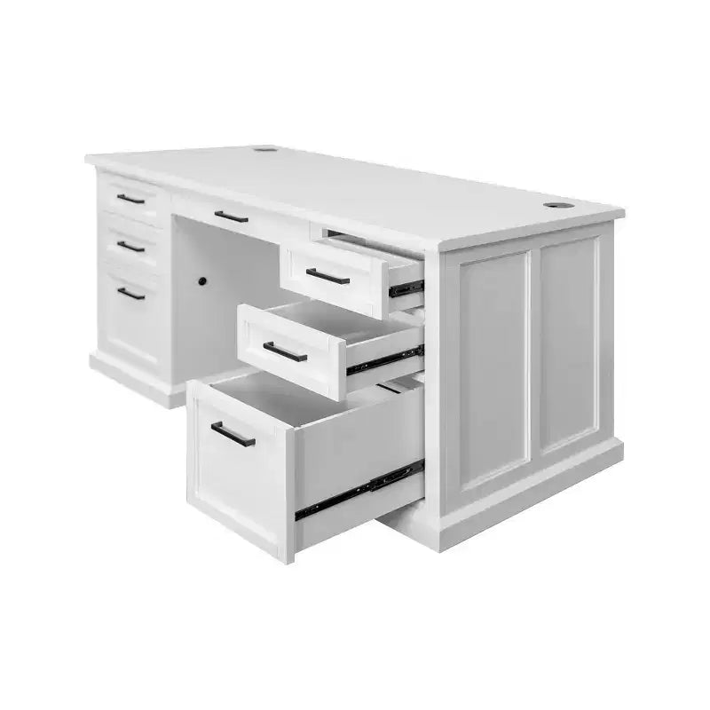 Bureau double piédestal en bois moderne entièrement assemblé finition blanche - Collection Abby - Martin Furniture : Bureau de direction, Gestion des câbles