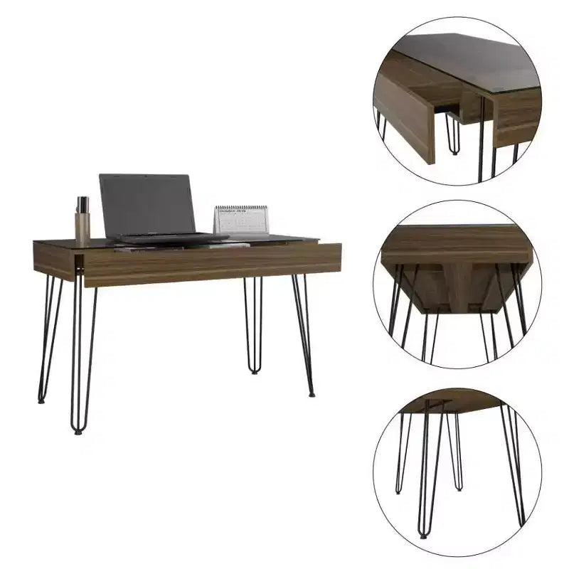 Bureau informatique Almaty marron - Boahaus : poste de travail ergonomique avec tiroir et plateau en verre trempé