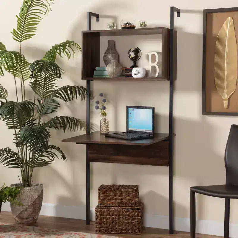 Étagère de présentation Fariat en bois de noyer et métal avec bureau marron/noir - Baxton Studio