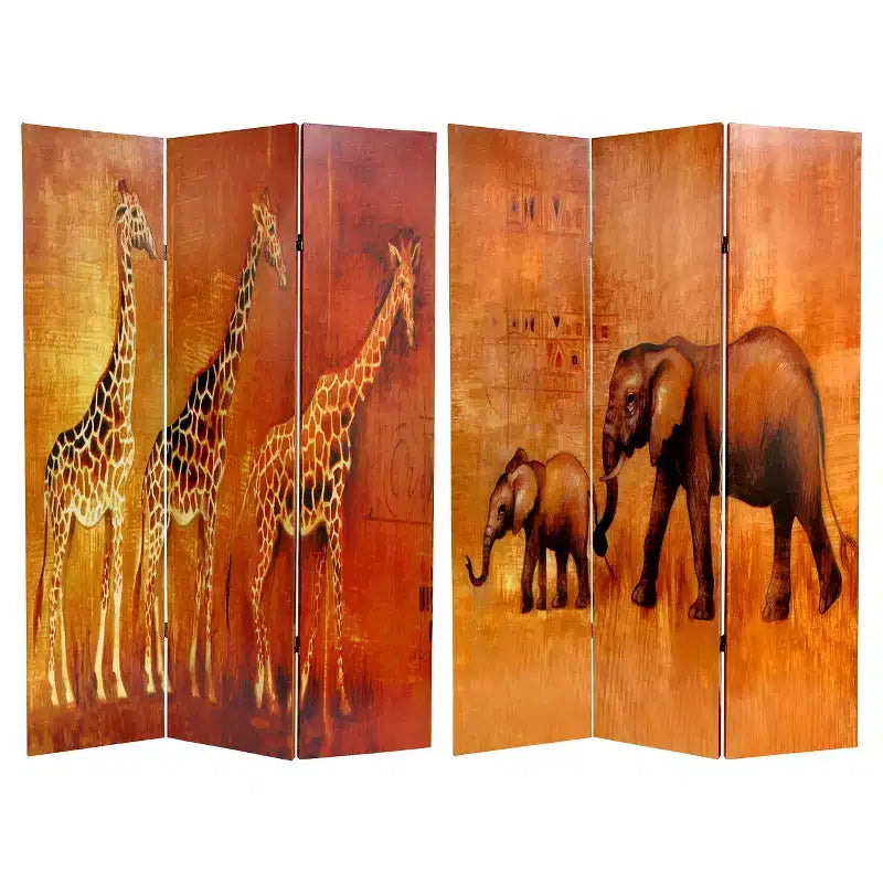 Giraffe & Elephant Double Sided Room Divider - Oriental Furniture: African Style Canvas Partition, 6ft Wall Separator