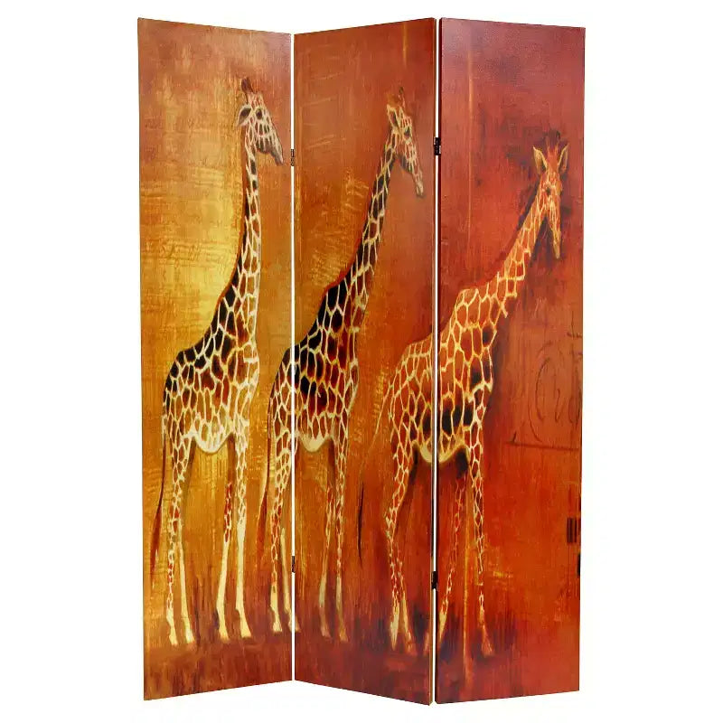 Paravent double face Girafe et Éléphant - Oriental Furniture : Paravent en toile de style africain, séparateur mural de 1,80 m