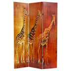Paravent double face Girafe et Éléphant - Oriental Furniture : Paravent en toile de style africain, séparateur mural de 1,80 m