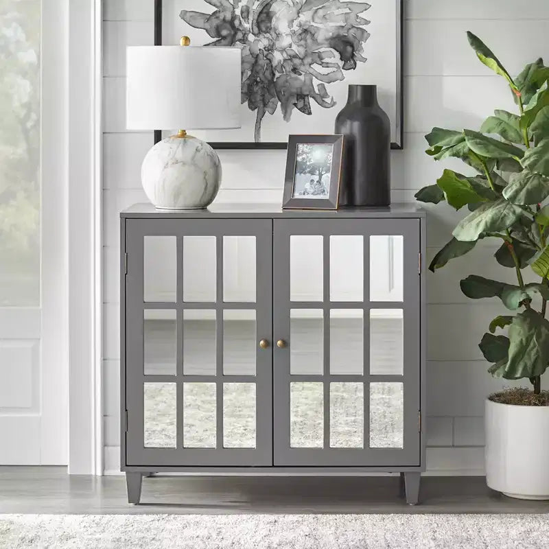 Meuble à porte miroir moderne Lifestorey Matteo Gris anthracite : Style moderne de ferme, Poignées en laiton, Étagère réglable