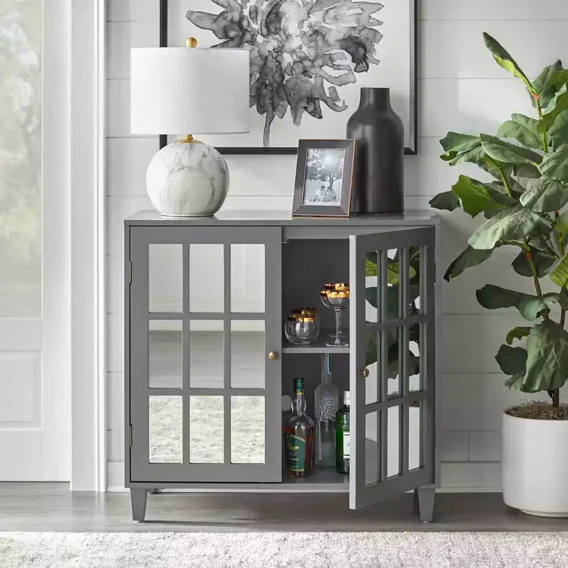 Meuble à porte miroir moderne Lifestorey Matteo Gris anthracite : Style moderne de ferme, Poignées en laiton, Étagère réglable