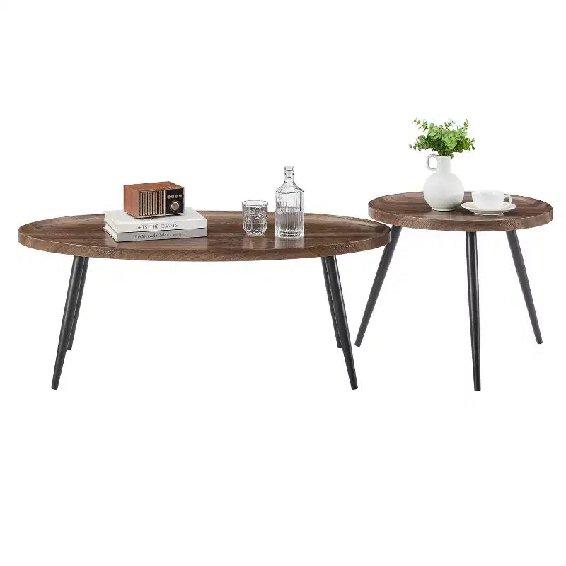 Ensemble de 2 tables basses rondes et ovales Paxton du milieu du siècle Noyer : Rangement, pieds coniques, surface stratifiée, style scandinave