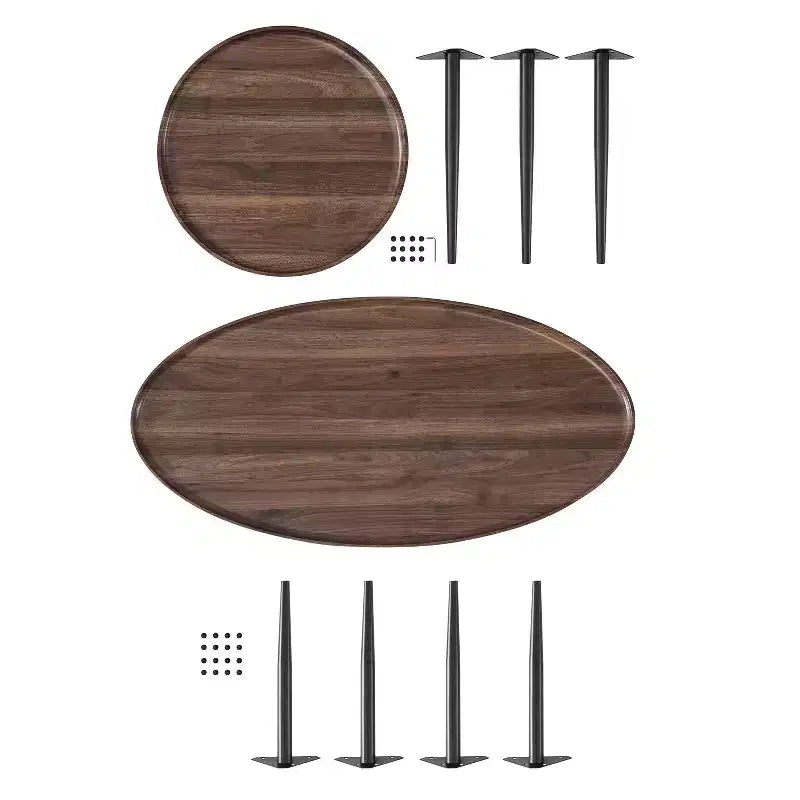 Ensemble de 2 tables basses rondes et ovales Paxton du milieu du siècle Noyer : Rangement, pieds coniques, surface stratifiée, style scandinave