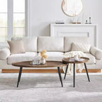Ensemble de 2 tables basses rondes et ovales Paxton du milieu du siècle Noyer : Rangement, pieds coniques, surface stratifiée, style scandinave