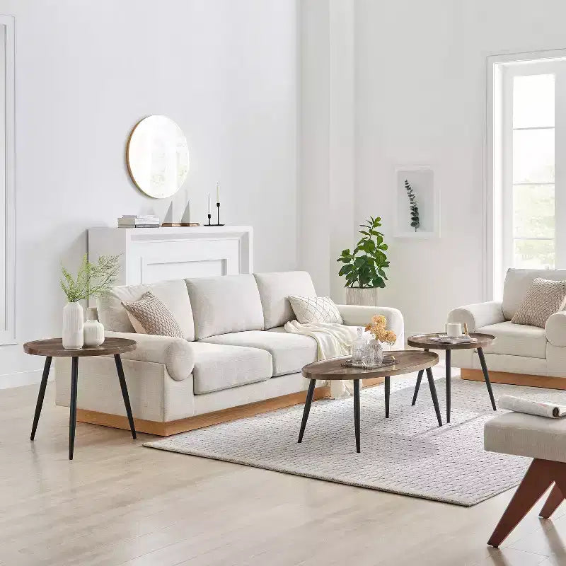 Ensemble de 2 tables basses rondes et ovales Paxton du milieu du siècle Noyer : Rangement, pieds coniques, surface stratifiée, style scandinave
