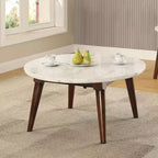 Table basse Gasha 36" – Dessus en marbre blanc et noyer – Acme Furniture : Moderne du milieu du siècle, ronde, pieds en bois, montage sans outils