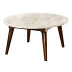 Table basse Gasha 36" – Dessus en marbre blanc et noyer – Acme Furniture : Moderne du milieu du siècle, ronde, pieds en bois, montage sans outils