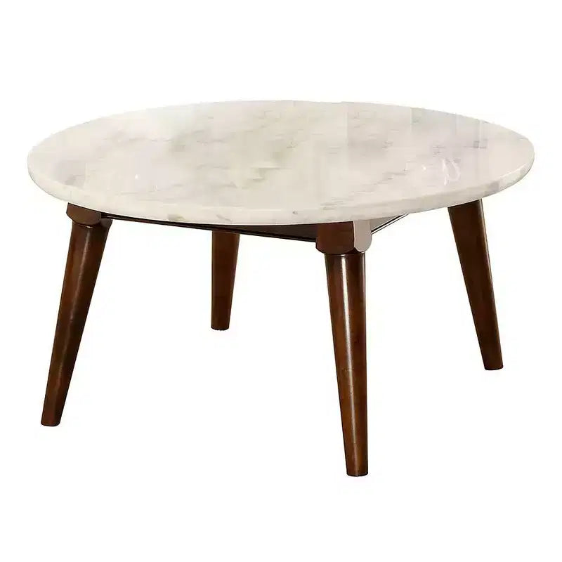 Table basse Gasha 36" – Dessus en marbre blanc et noyer – Acme Furniture : Moderne du milieu du siècle, ronde, pieds en bois, montage sans outils