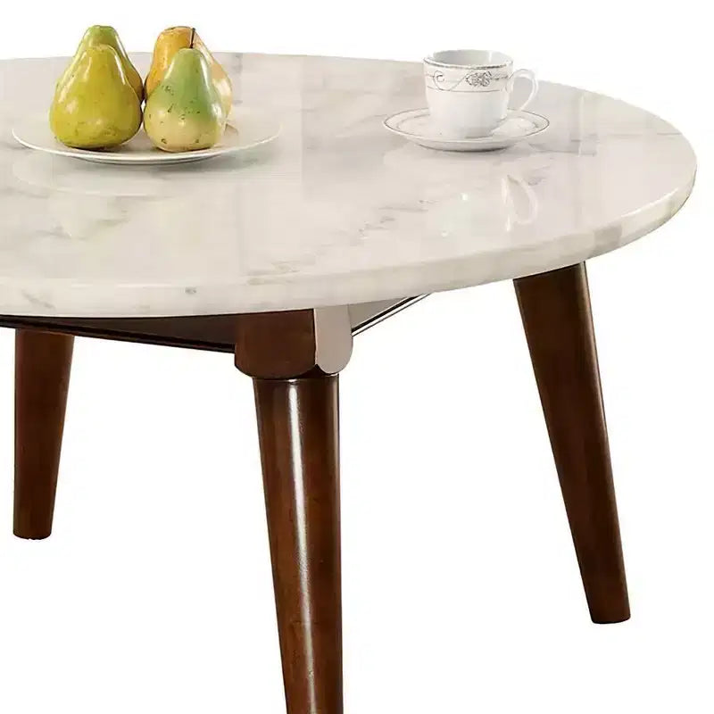 Table basse Gasha 36" – Dessus en marbre blanc et noyer – Acme Furniture : Moderne du milieu du siècle, ronde, pieds en bois, montage sans outils