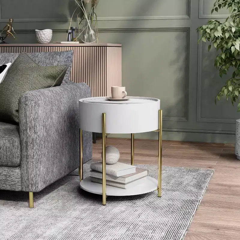 Table d'appoint de rangement ronde moderne Lenvine 20" blanche - miBasics : Structure en fer, étagères ouvertes et fixes, finition lisse